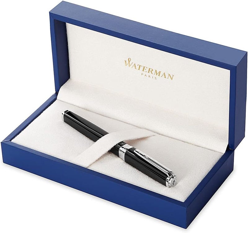 Waterman Exception Fountain Pen - Slim Black with Silver Plated Clip, Medium Nib, Blue Ink Cartridge, Gift Box - Image 3